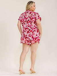 PLUS SIZE SHORT SLEEVE V-NECK MULTI PRINT BLOUSE