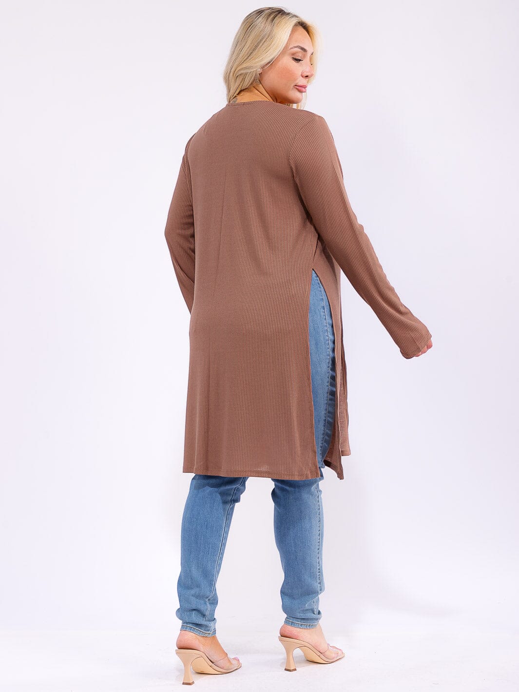 PLUS SIZE LONG SLEEVE OPEN FRONT SIDE SLIT RIBBED CARDIGAN
