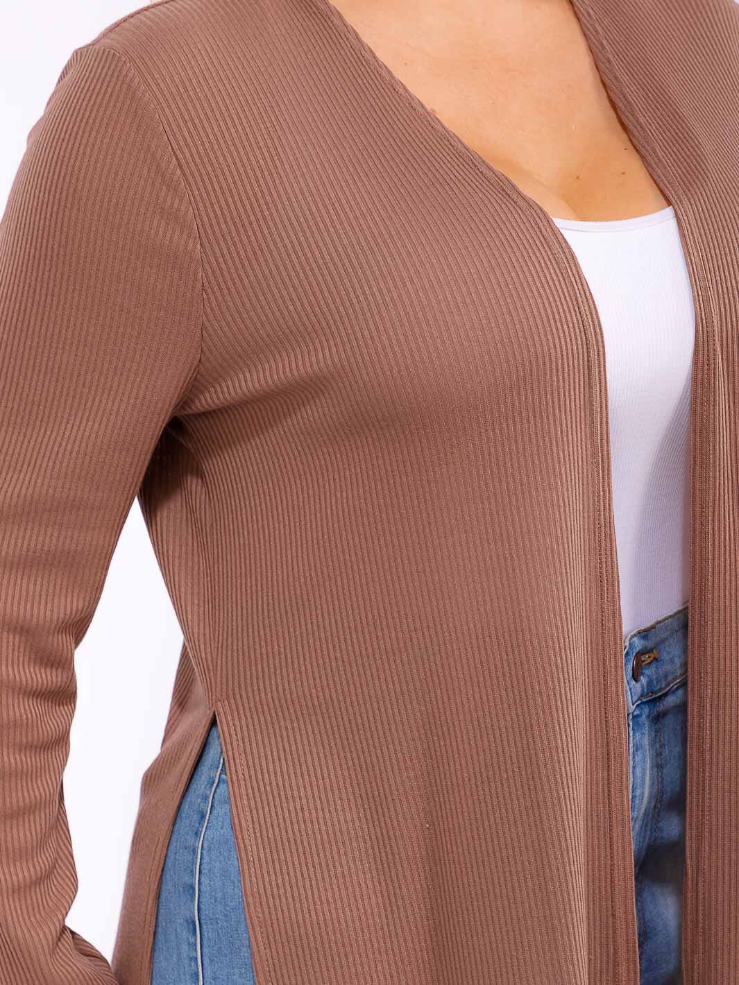 PLUS SIZE LONG SLEEVE OPEN FRONT SIDE SLIT RIBBED CARDIGAN