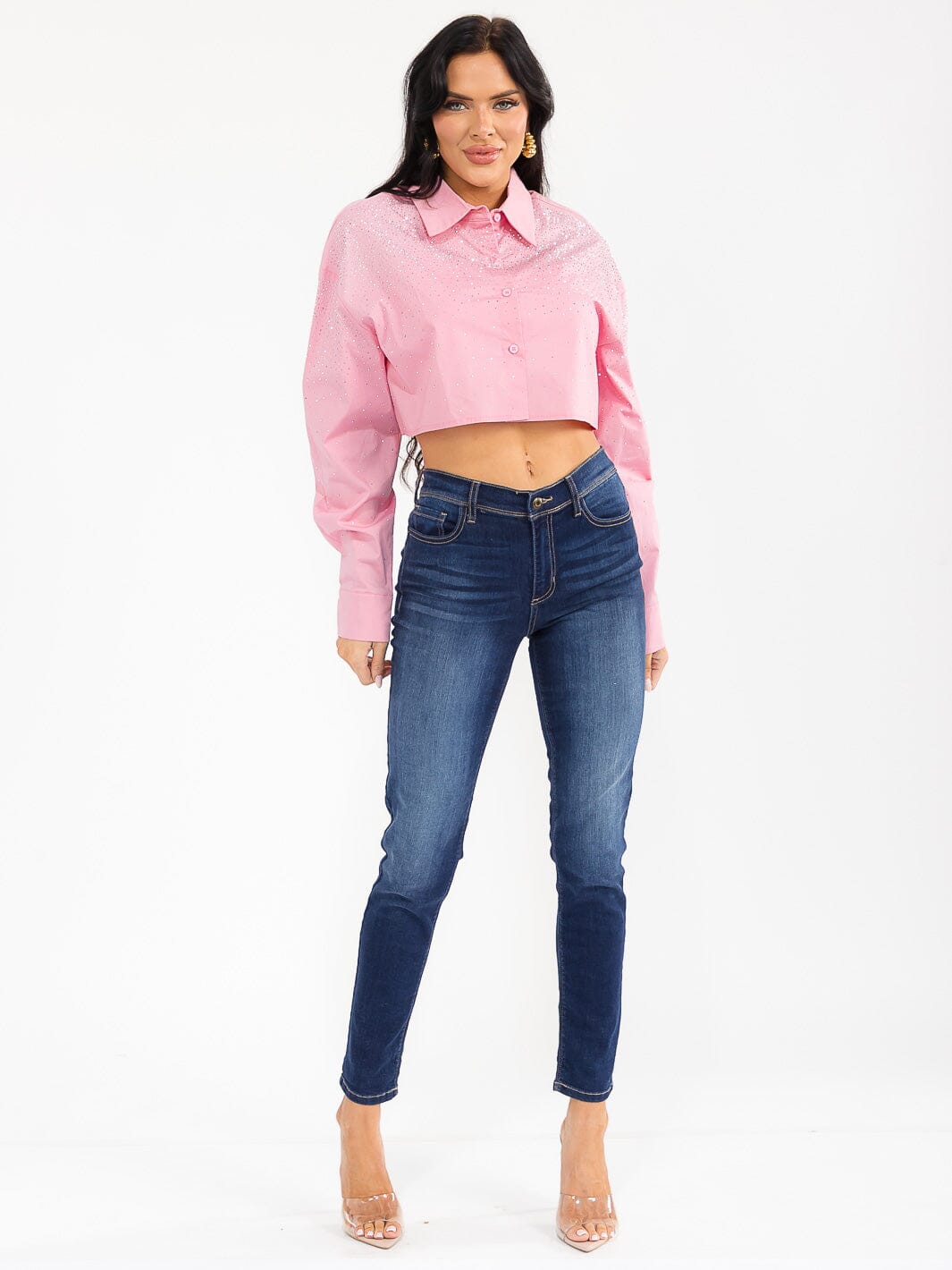 WOMEN'S LONG SLEEVE BUTTON UP STUDS DETAILED CROP TOP