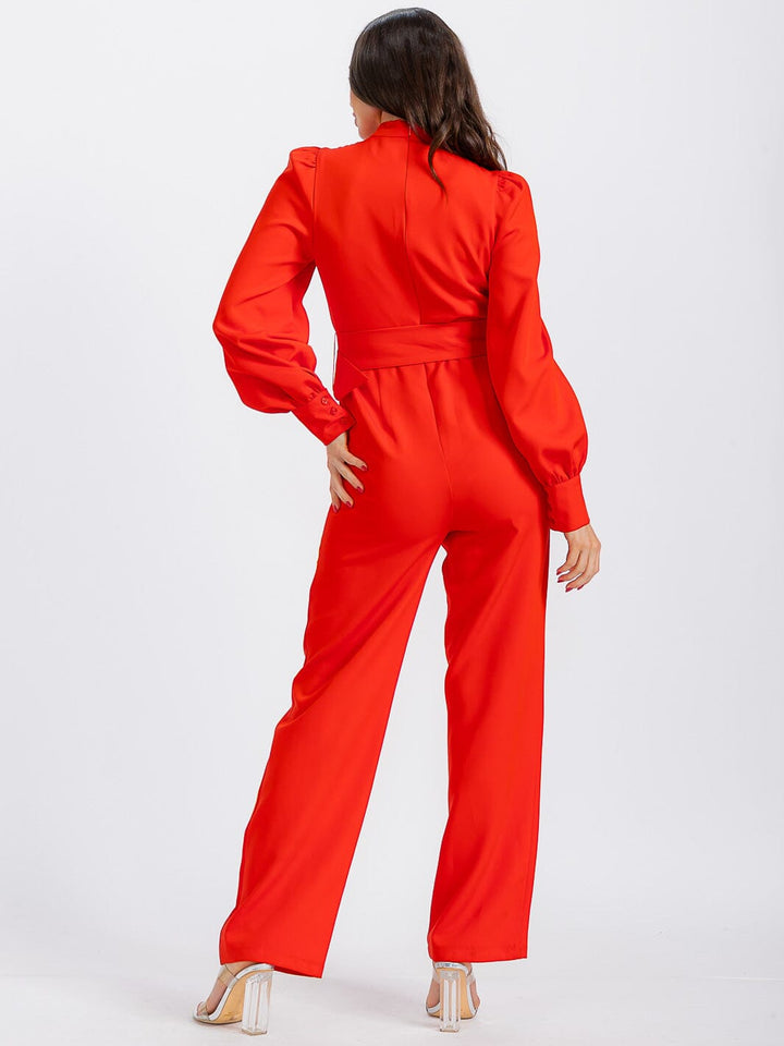WOMEN'S LONG SLEEVE POCKETS CUT OUT BELTED WIDE LEG JUMPSUIT