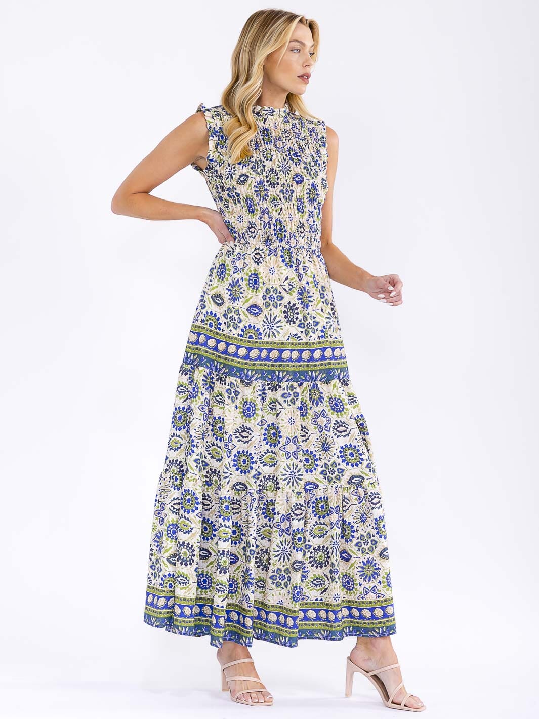 WOMEN'S SLEEVELESS MOCK NECK ELASTIC WAIST TIERED MULTI PRINT MAXI DRESS