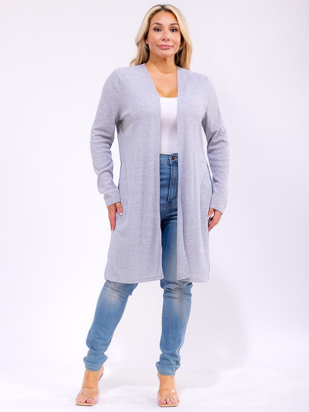 PLUS SIZE LONG SLEEVE OPEN FRONT SIDE SLIT RIBBED CARDIGAN