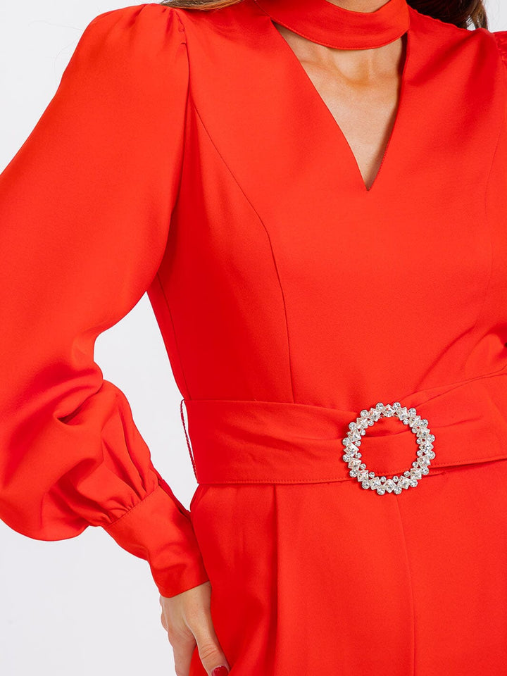 WOMEN'S LONG SLEEVE POCKETS CUT OUT BELTED WIDE LEG JUMPSUIT