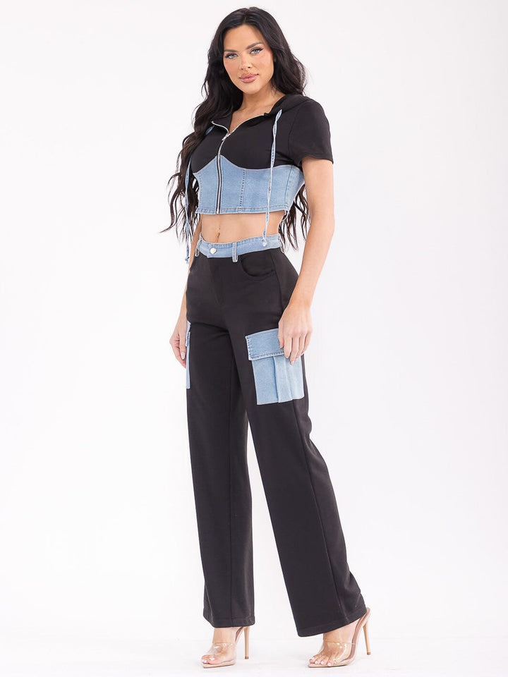 WOMEN'S SHORT SLEEVE TOP & BUTTON CLOSURE PANTS DENIM CONTRAST 2PC. SET