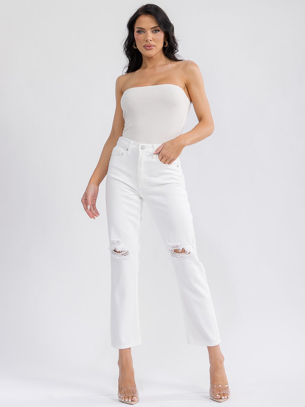 WOMEN'S BUTTON CLOSURE POCKETS DISTRESS WIDE LEG DENIM PANTS