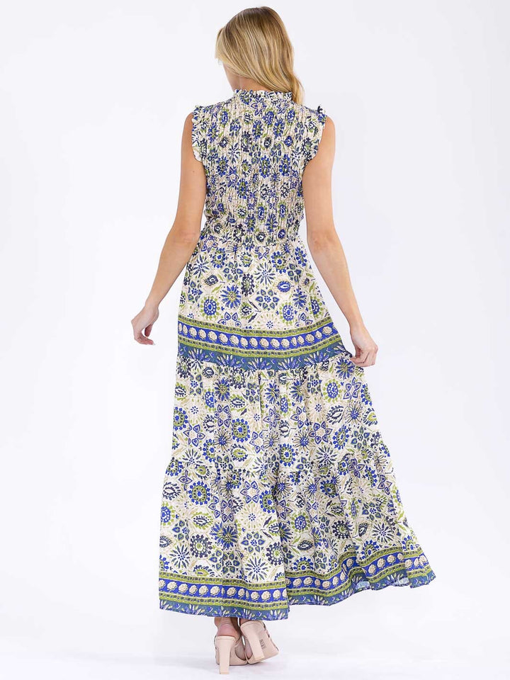 WOMEN'S SLEEVELESS MOCK NECK ELASTIC WAIST TIERED MULTI PRINT MAXI DRESS