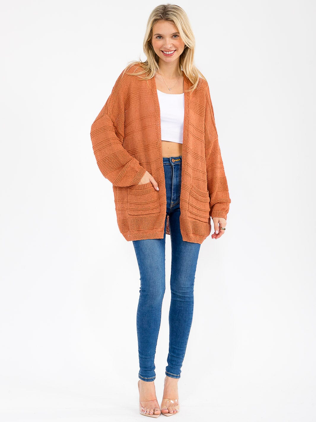 WOMEN'S LONG SLEEVE OPEN FRONT POCKETS CARDIGAN