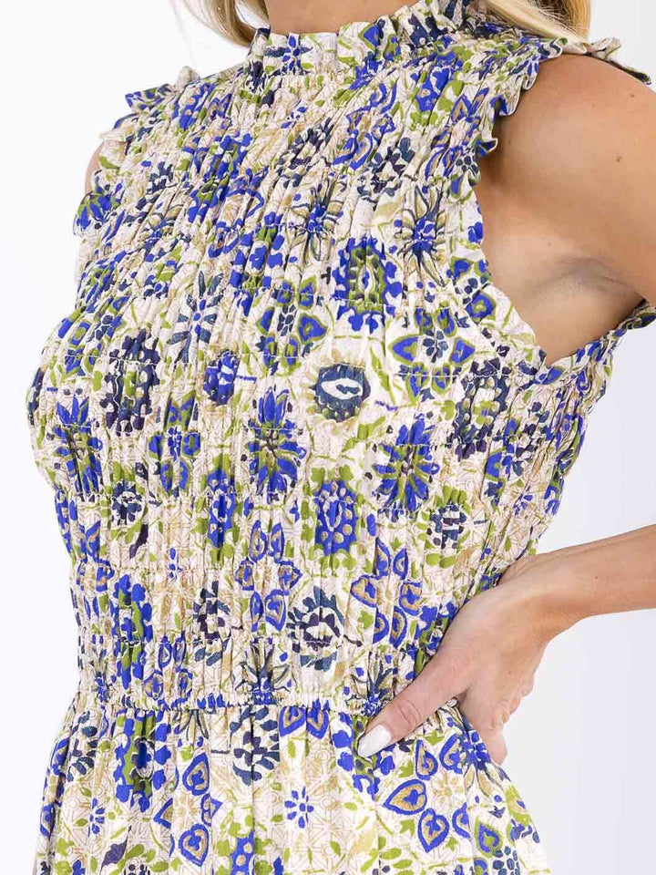 WOMEN'S SLEEVELESS MOCK NECK ELASTIC WAIST TIERED MULTI PRINT MAXI DRESS