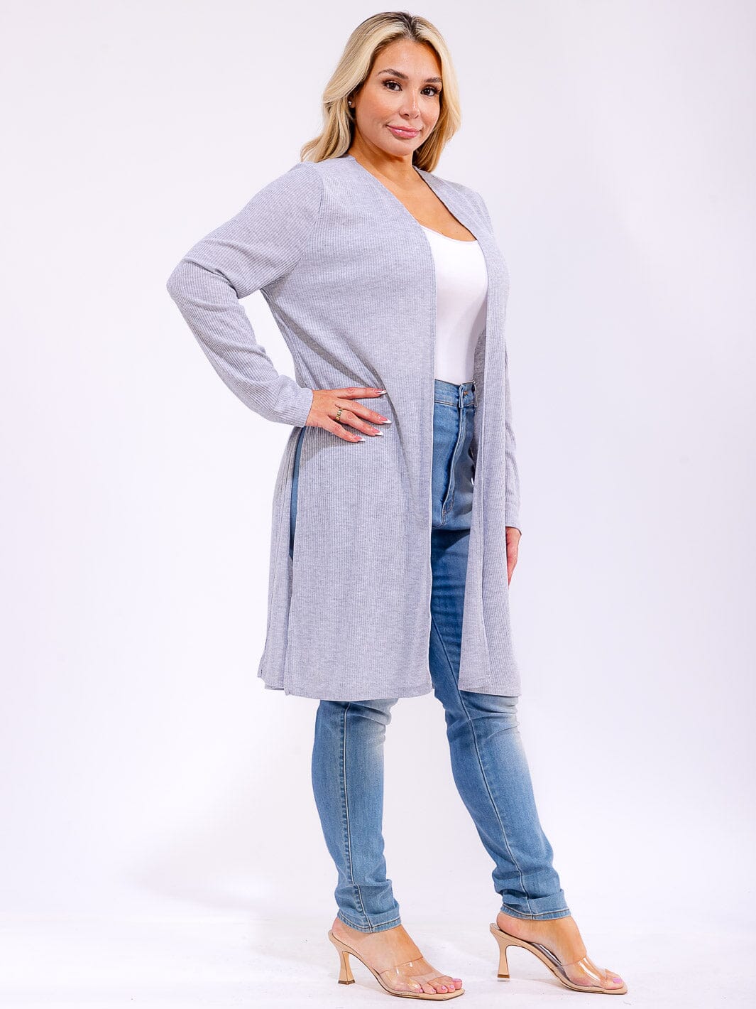 PLUS SIZE LONG SLEEVE OPEN FRONT SIDE SLIT RIBBED CARDIGAN