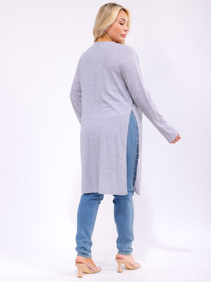 PLUS SIZE LONG SLEEVE OPEN FRONT SIDE SLIT RIBBED CARDIGAN