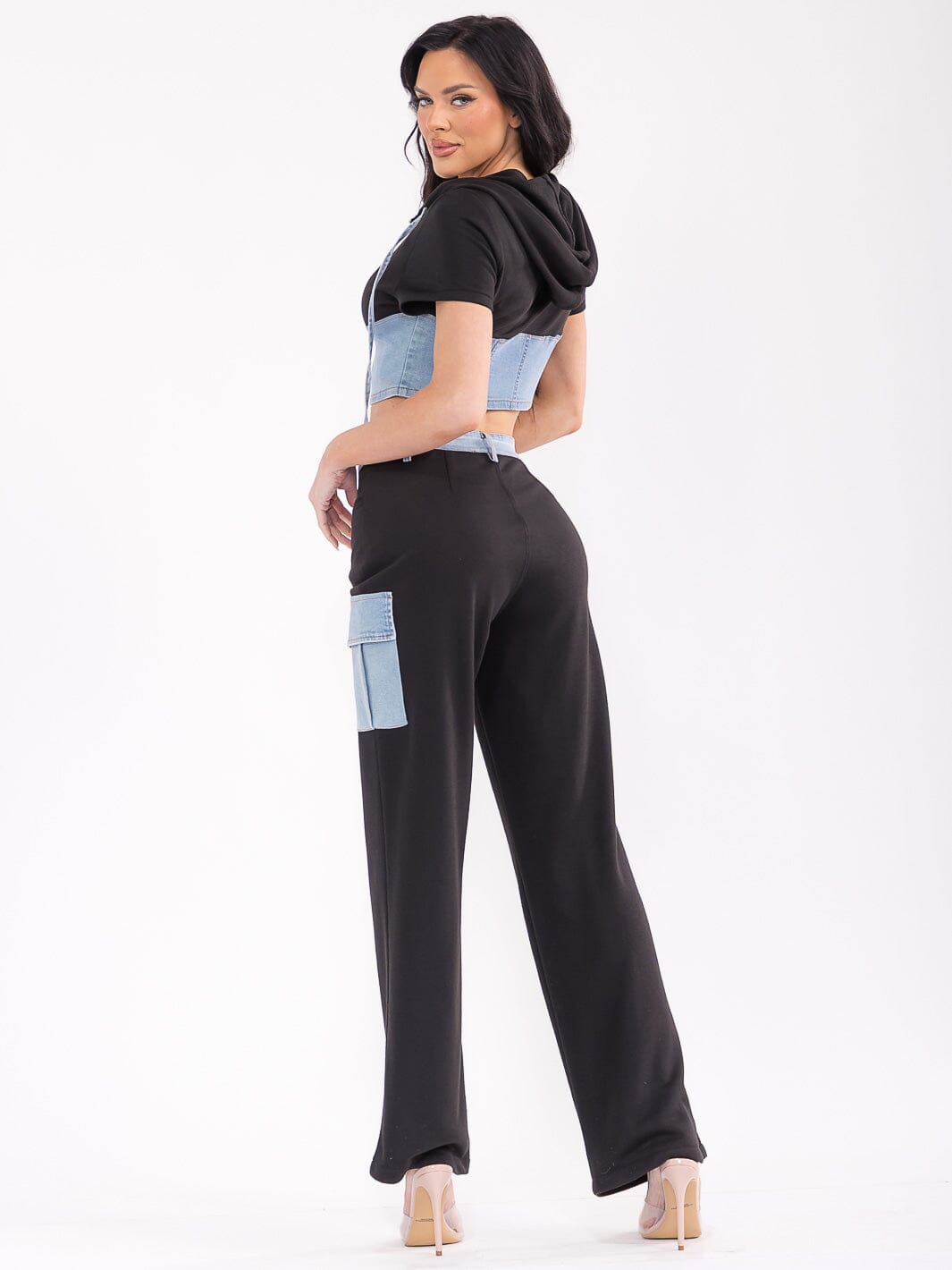 WOMEN'S SHORT SLEEVE TOP & BUTTON CLOSURE PANTS DENIM CONTRAST 2PC. SET