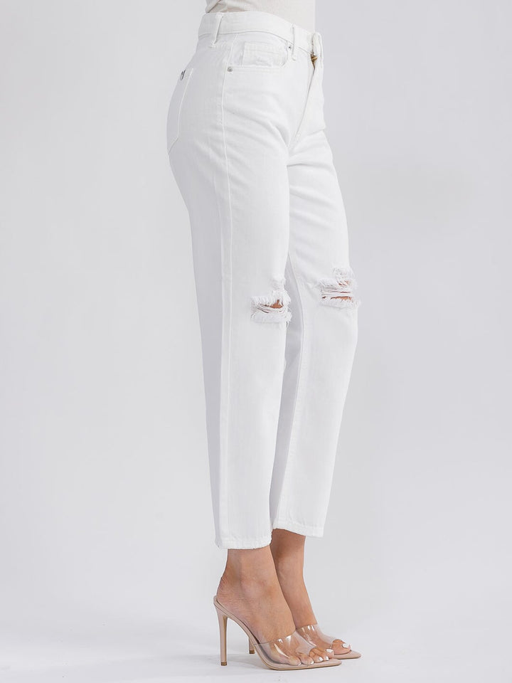 WOMEN'S BUTTON CLOSURE POCKETS DISTRESS WIDE LEG DENIM PANTS