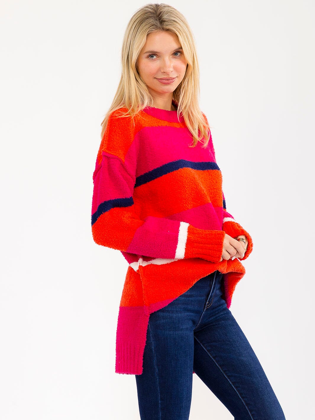 WOMEN'S LONG SLEEVE HIGH-LOW COLORBLOCK OVERSIZED PULLOVER SWEATER