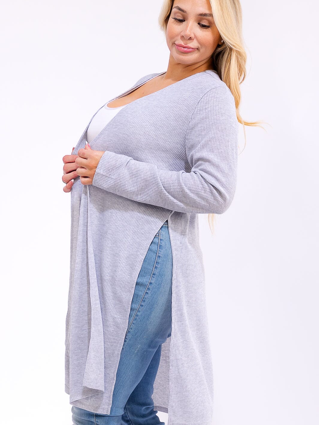 PLUS SIZE LONG SLEEVE OPEN FRONT SIDE SLIT RIBBED CARDIGAN