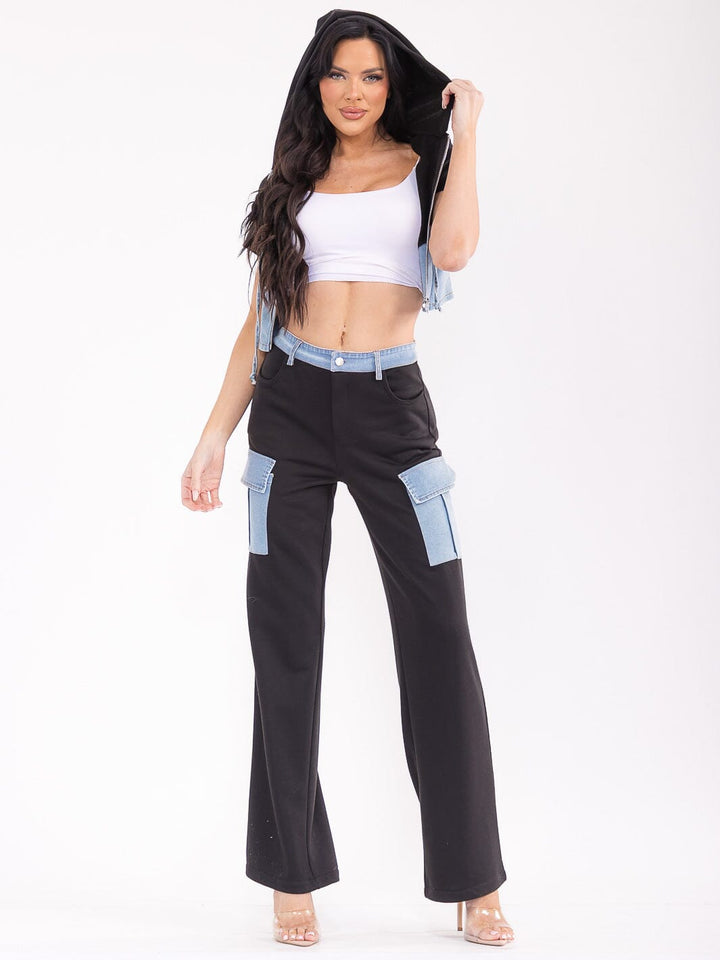 WOMEN'S SHORT SLEEVE TOP & BUTTON CLOSURE PANTS DENIM CONTRAST 2PC. SET