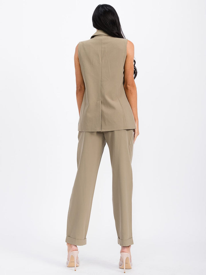 WOMEN'S SLEEVELESS TOP & BUTTON CLOSURE WIDE LEG PANTS SOLID 2PC. SET