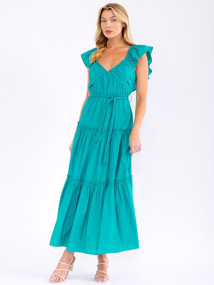 WOMEN'S RUFFLE SLEEVE V-NECK ELASTIC WAIST TIERED MAXI DRESS