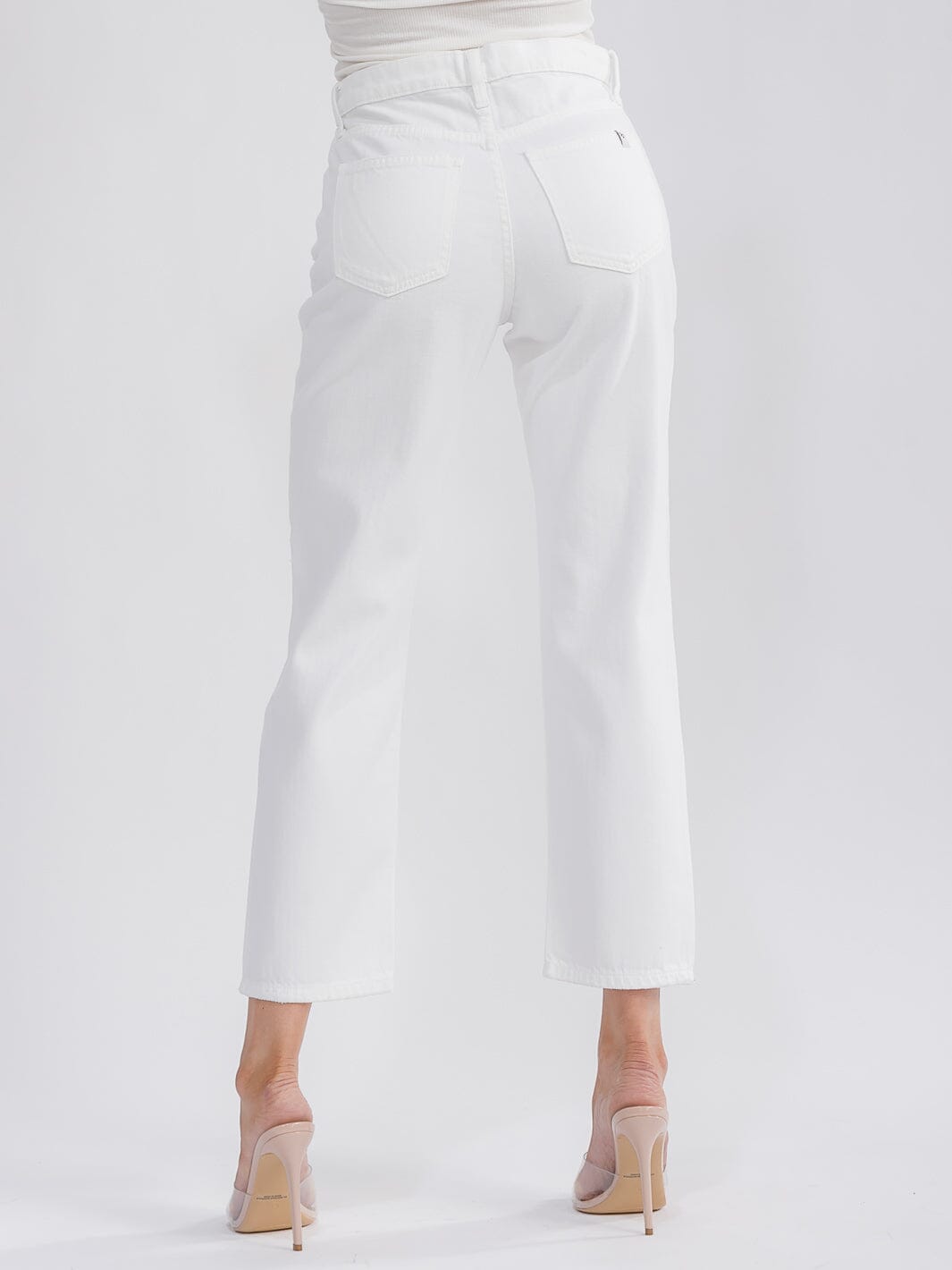 WOMEN'S BUTTON CLOSURE POCKETS DISTRESS WIDE LEG DENIM PANTS