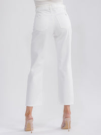 WOMEN'S BUTTON CLOSURE POCKETS DISTRESS WIDE LEG DENIM PANTS