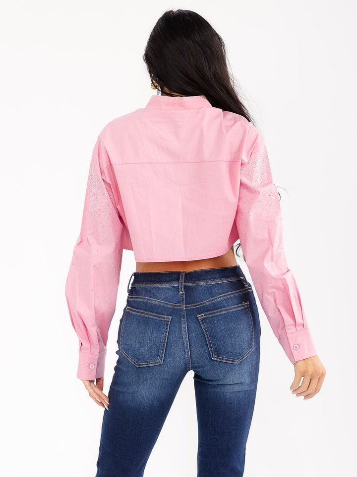 WOMEN'S LONG SLEEVE BUTTON UP STUDS DETAILED CROP TOP