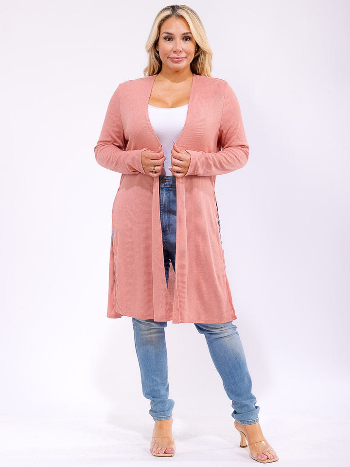 PLUS SIZE LONG SLEEVE OPEN FRONT SIDE SLIT RIBBED CARDIGAN