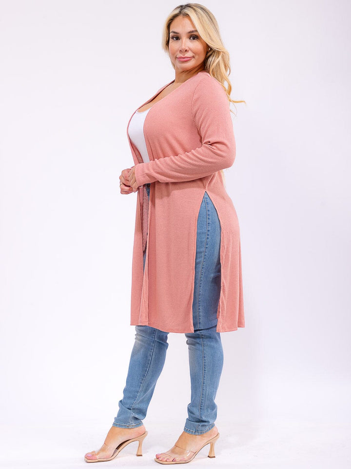 PLUS SIZE LONG SLEEVE OPEN FRONT SIDE SLIT RIBBED CARDIGAN