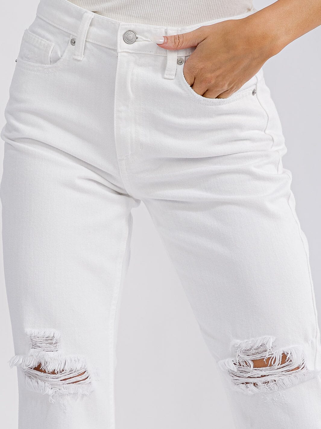 WOMEN'S BUTTON CLOSURE POCKETS DISTRESS WIDE LEG DENIM PANTS