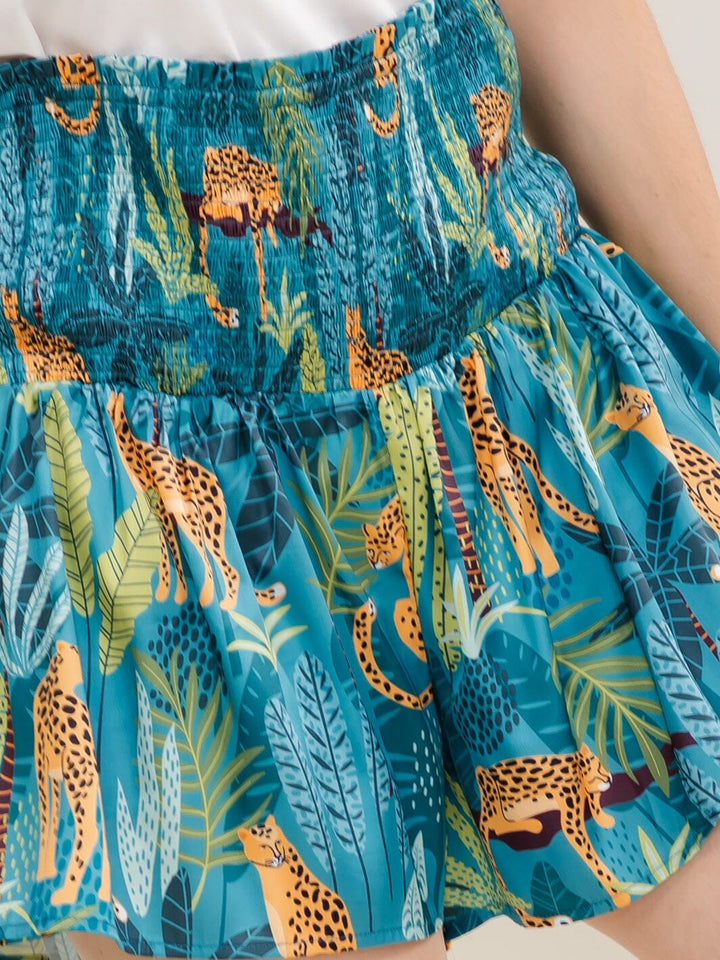 PLUS SIZE SMOCK WAIST MULTI PRINT MINI SHORTS