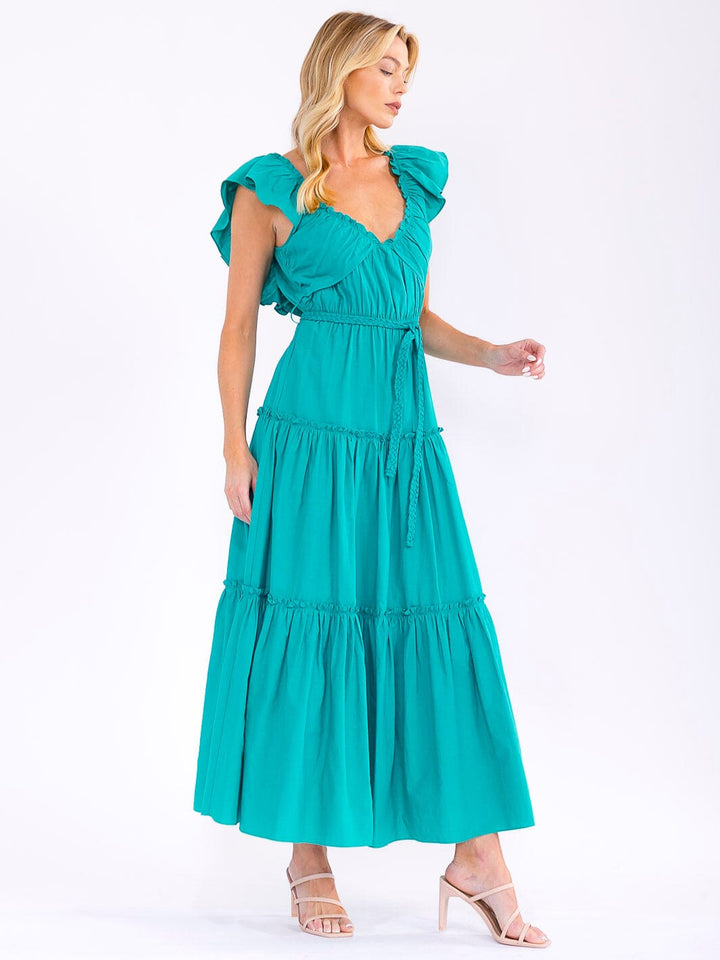 WOMEN'S RUFFLE SLEEVE V-NECK ELASTIC WAIST TIERED MAXI DRESS