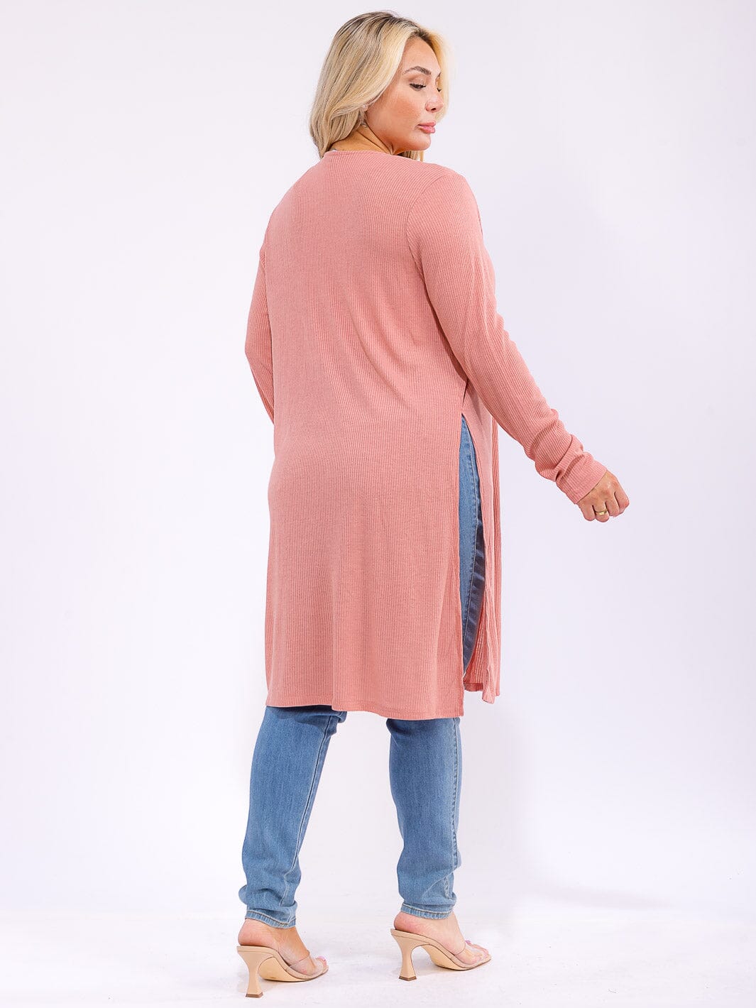 PLUS SIZE LONG SLEEVE OPEN FRONT SIDE SLIT RIBBED CARDIGAN