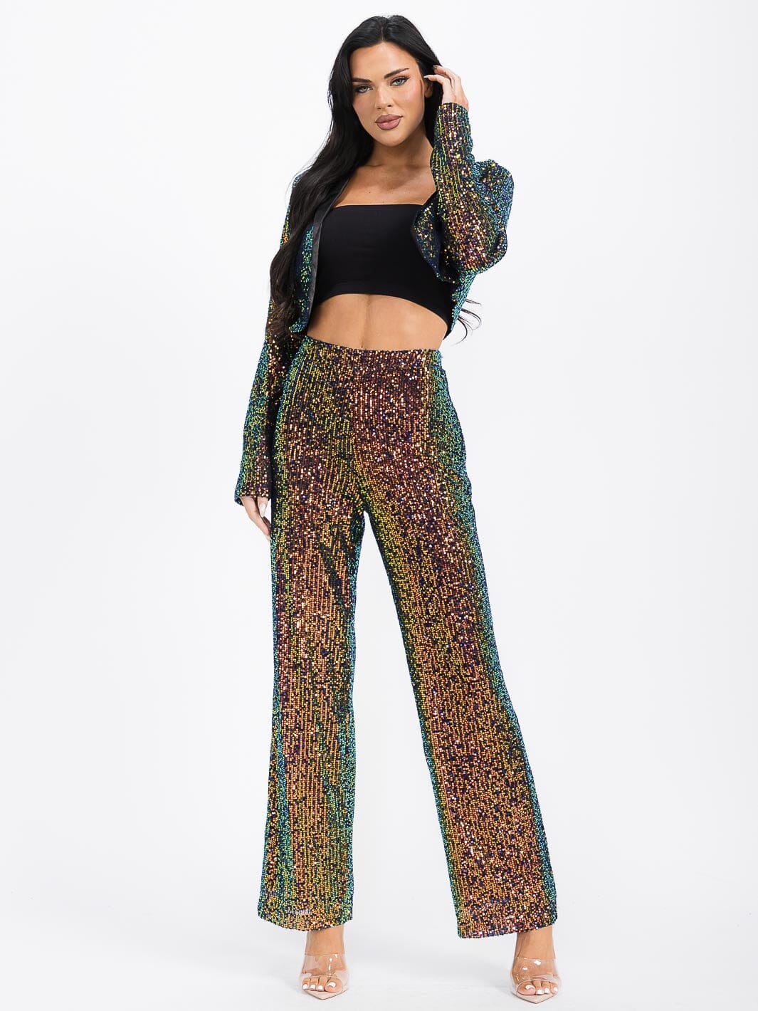 WOMEN'S LONG SLEEVE BLAZER & ZIP UP WIDE LEG PANTS SEQUINS 2PC. SET
