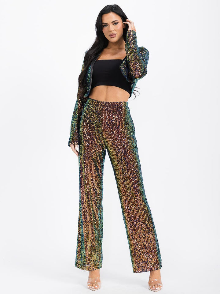 WOMEN'S LONG SLEEVE BLAZER & ZIP UP WIDE LEG PANTS SEQUINS 2PC. SET