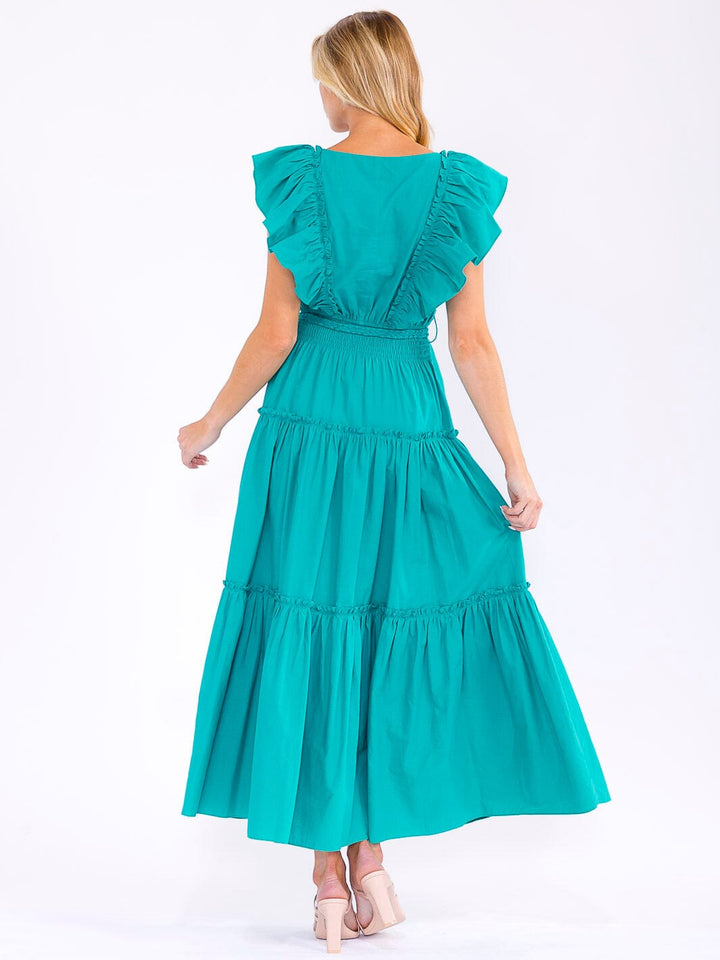 WOMEN'S RUFFLE SLEEVE V-NECK ELASTIC WAIST TIERED MAXI DRESS