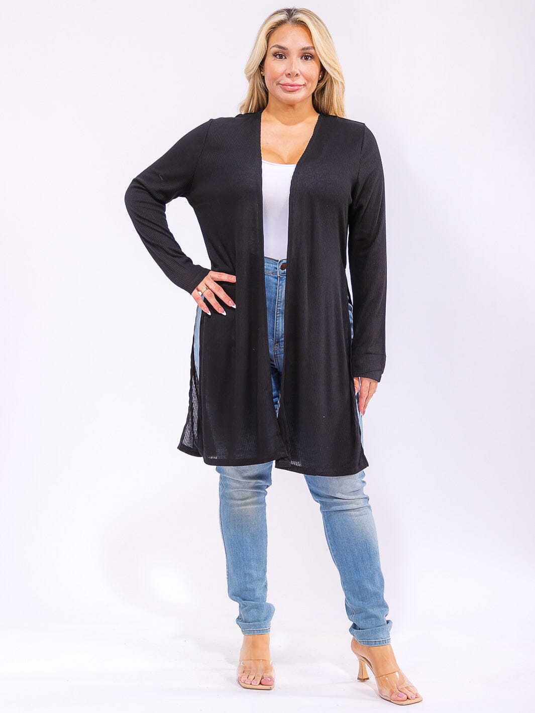 PLUS SIZE LONG SLEEVE OPEN FRONT SIDE SLIT RIBBED CARDIGAN