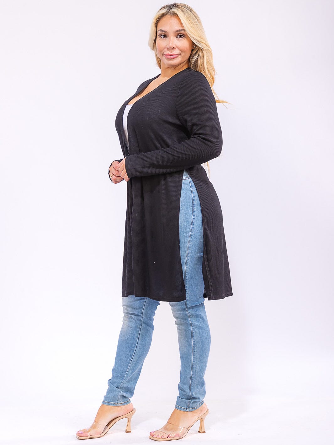 PLUS SIZE LONG SLEEVE OPEN FRONT SIDE SLIT RIBBED CARDIGAN