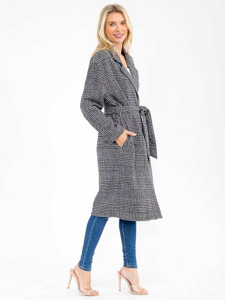 WOMEN'S LONG SLEEVE OPEN FRONT POCKETS SELF TIE COAT