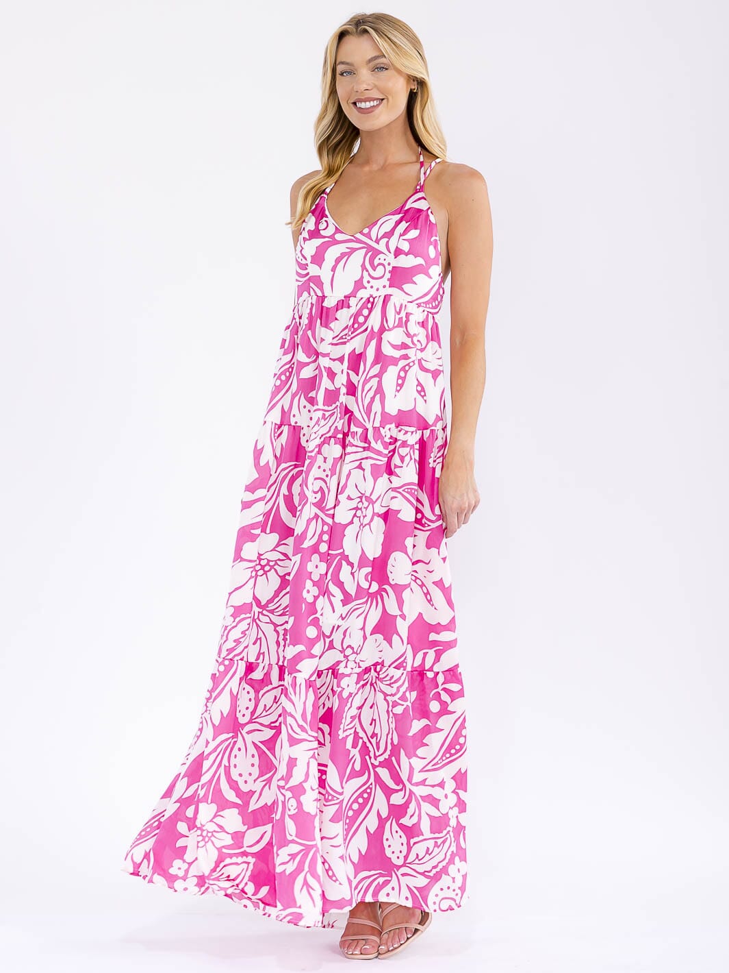 WOMEN'S SLEEVELESS V-NECK OPEN BACK FLORAL MAXI DRESS