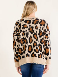 WOMEN'S LONG SLEEVE ANIMAL PRINT DISTRESS PULLOVER COLORBLOCK SWEATER