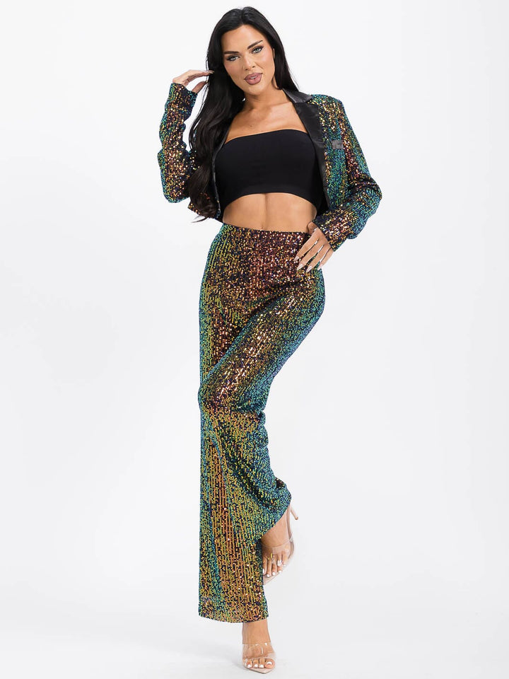 WOMEN'S LONG SLEEVE BLAZER & ZIP UP WIDE LEG PANTS SEQUINS 2PC. SET
