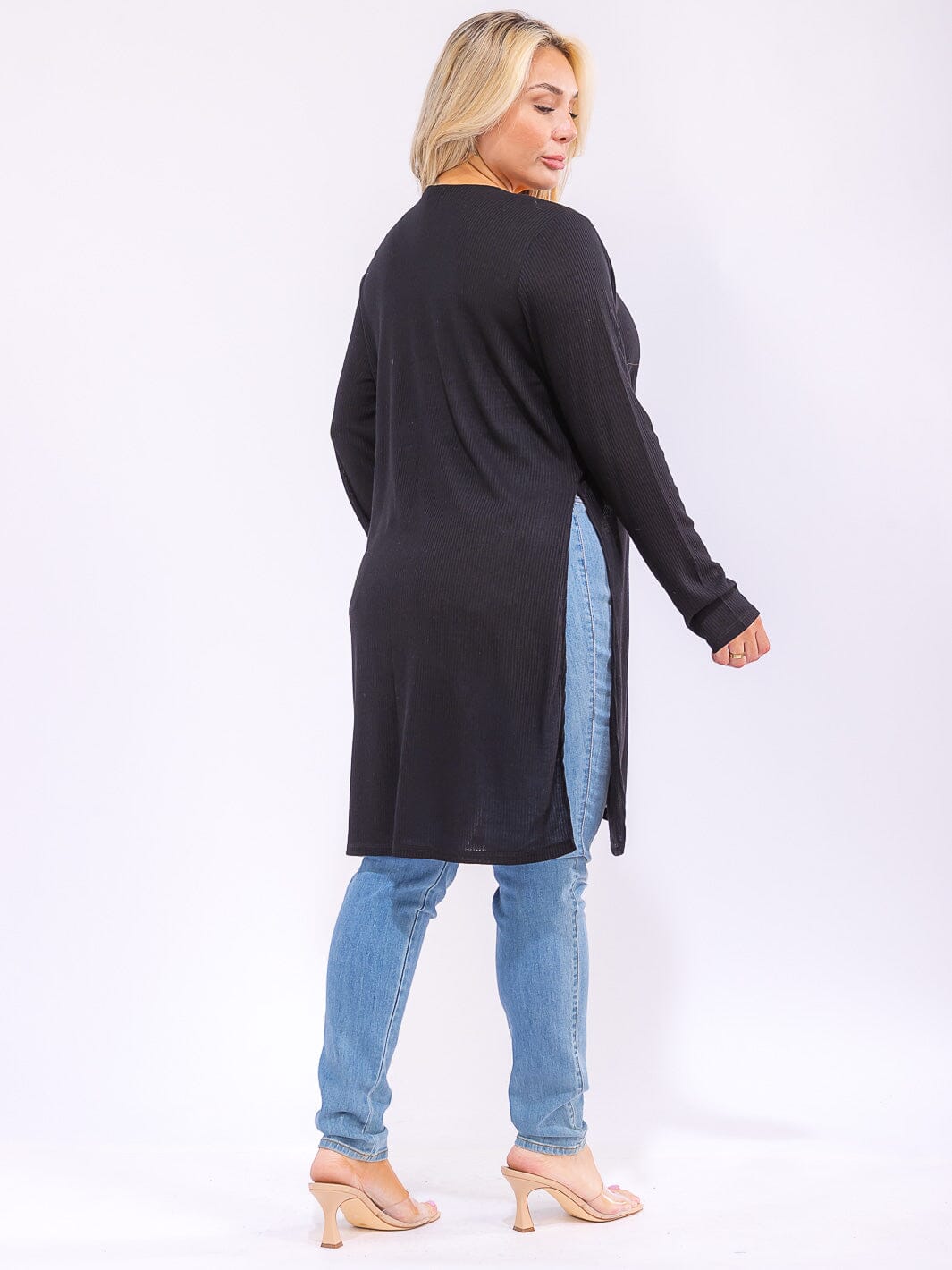 PLUS SIZE LONG SLEEVE OPEN FRONT SIDE SLIT RIBBED CARDIGAN