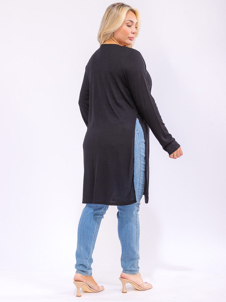 PLUS SIZE LONG SLEEVE OPEN FRONT SIDE SLIT RIBBED CARDIGAN