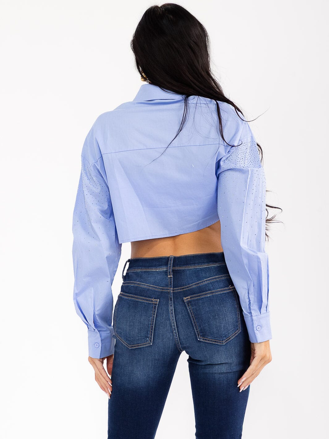 WOMEN'S LONG SLEEVE BUTTON UP STUDS DETAILED CROP TOP