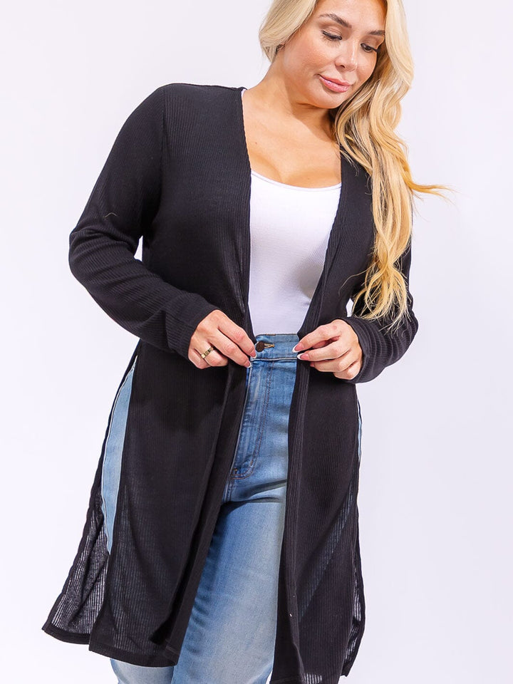 PLUS SIZE LONG SLEEVE OPEN FRONT SIDE SLIT RIBBED CARDIGAN