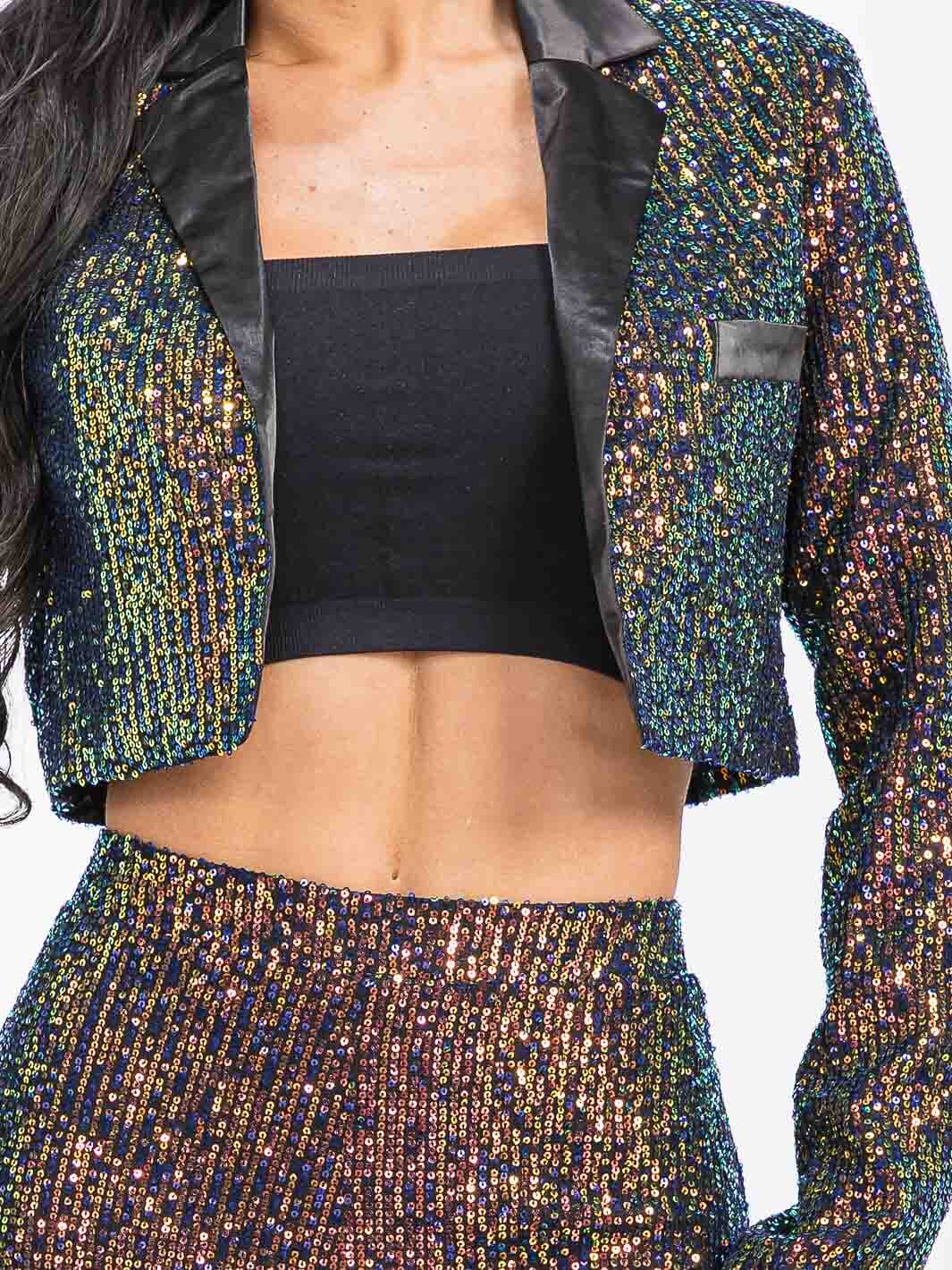 WOMEN'S LONG SLEEVE BLAZER & ZIP UP WIDE LEG PANTS SEQUINS 2PC. SET