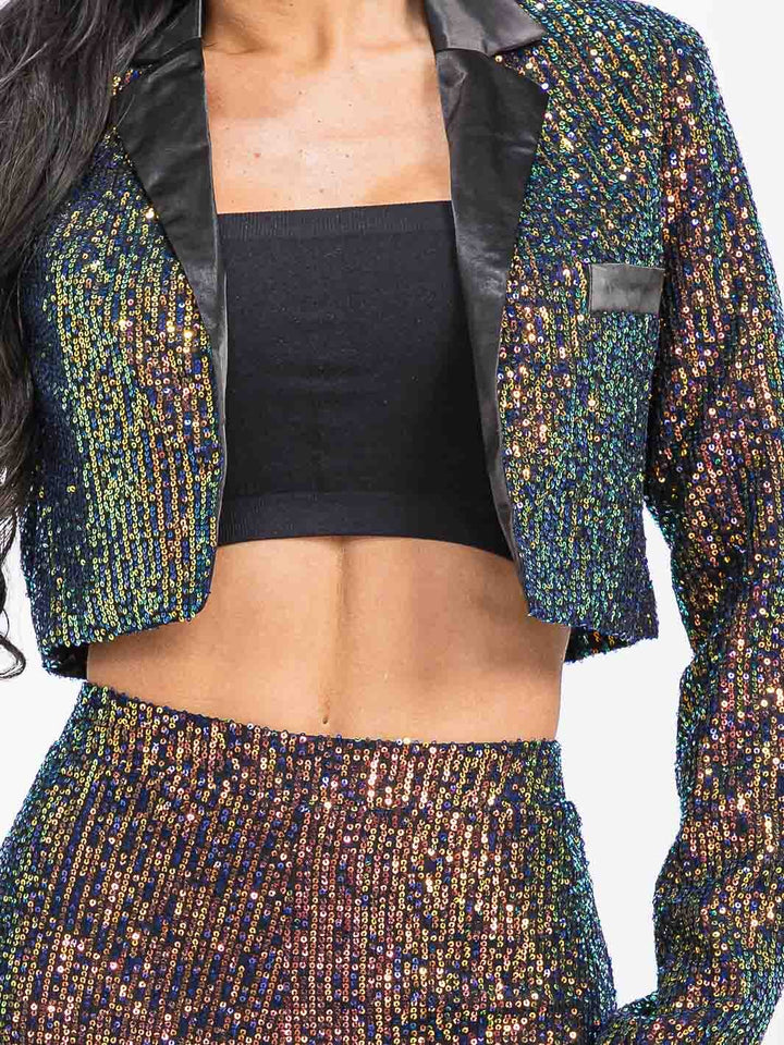 WOMEN'S LONG SLEEVE BLAZER & ZIP UP WIDE LEG PANTS SEQUINS 2PC. SET