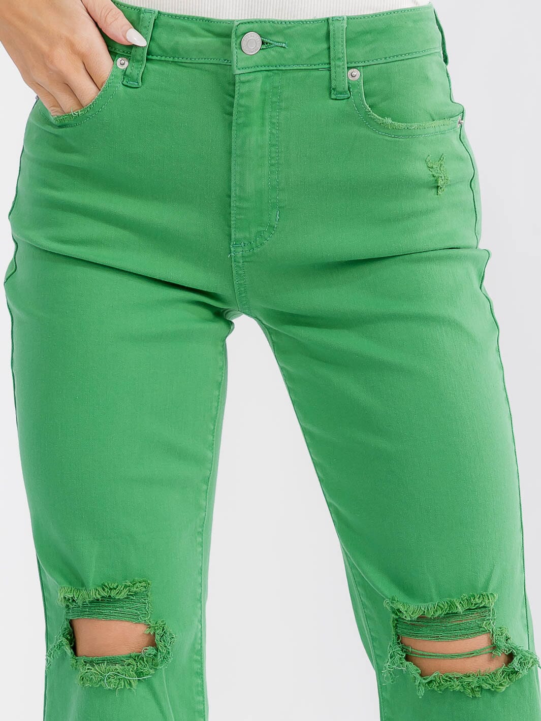 WOMEN'S BUTTON CLOSURE POCKETS DISTRESS WIDE LEG DENIM PANTS