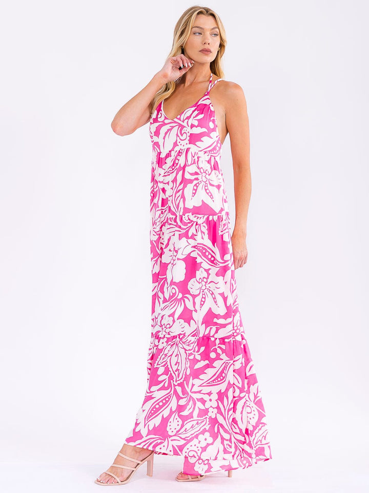 WOMEN'S SLEEVELESS V-NECK OPEN BACK FLORAL MAXI DRESS