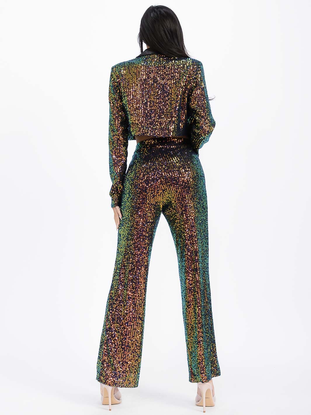 WOMEN'S LONG SLEEVE BLAZER & ZIP UP WIDE LEG PANTS SEQUINS 2PC. SET