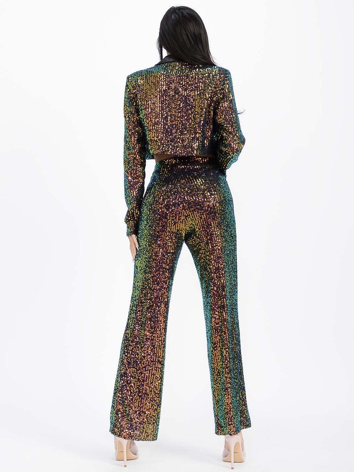 WOMEN'S LONG SLEEVE BLAZER & ZIP UP WIDE LEG PANTS SEQUINS 2PC. SET